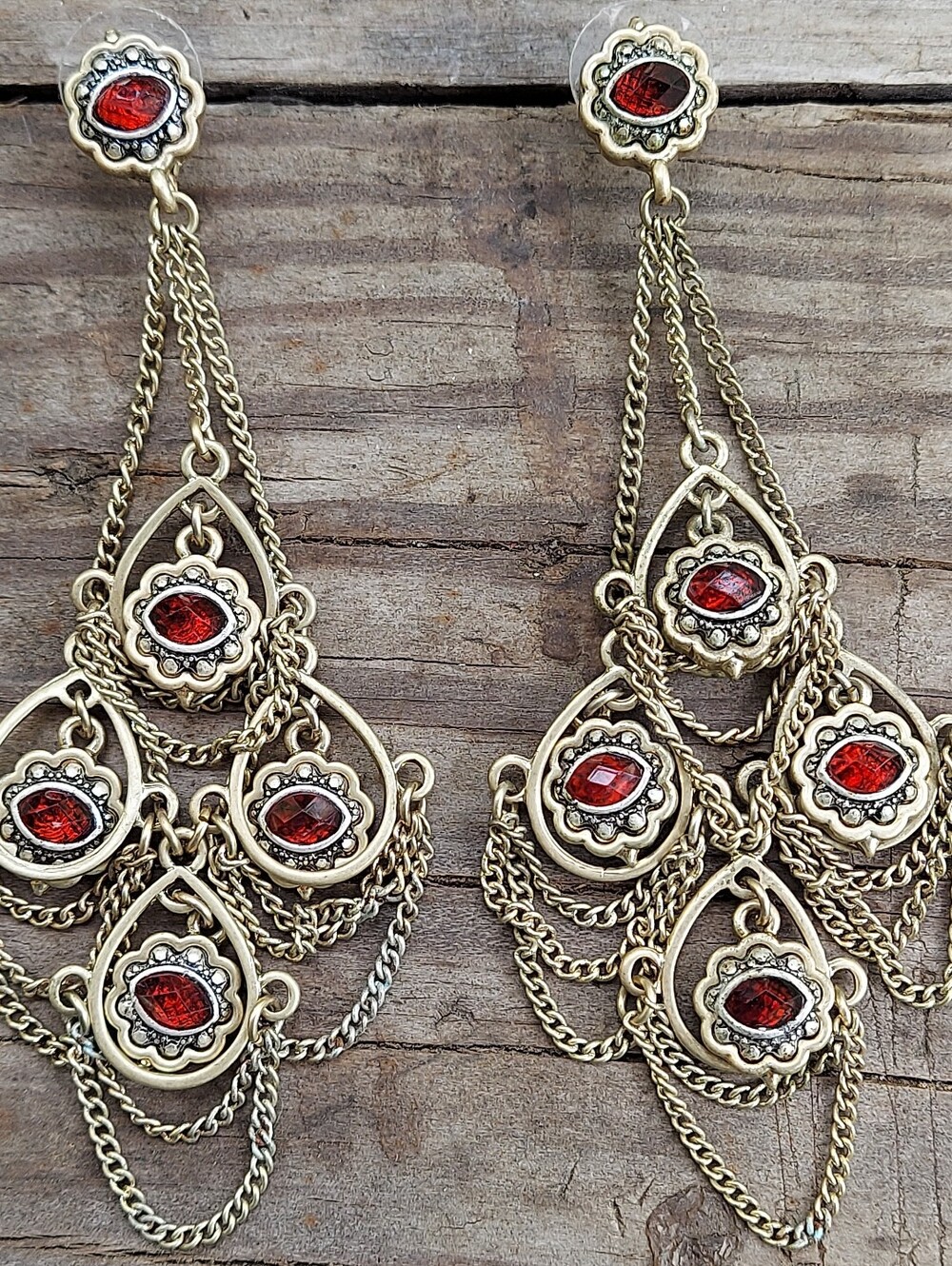 Vintage Gold Chandelier Earrings with Red Gemstones